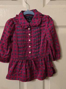 Ralph Lauren Pink Peplum Long Sleeve Top with Teal Paisley Dots